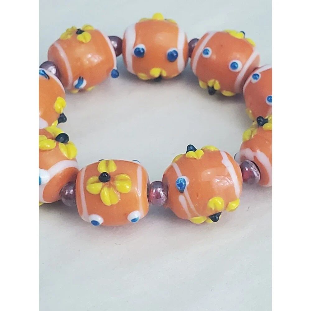 4 Vtg Millefior Lampwork Glass Bead Napkin Rings Orange Floral Table Decor